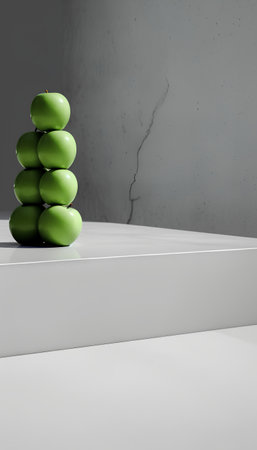 3d rendering of green christmas balls on white podium with concrete backgroundの素材