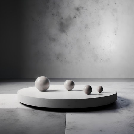 3d rendering of white podium with three balls on concrete background.の素材