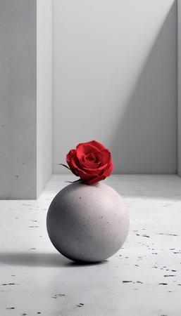 Red rose on a stone stand. Minimalism. 3d renderingの素材