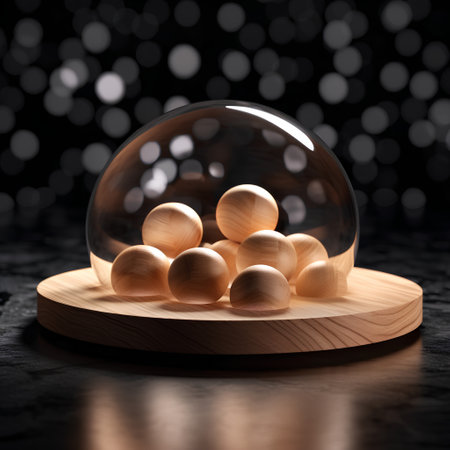 Wooden balls in a crystal ball on a black background. 3d renderingの素材