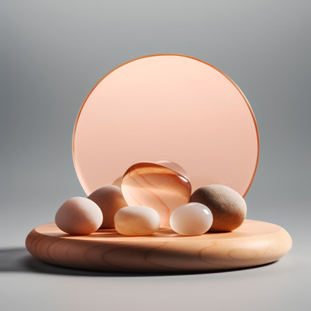 3d render of cosmetic product display podium with natural organic eggs. Blank round podium for product presentation.の素材