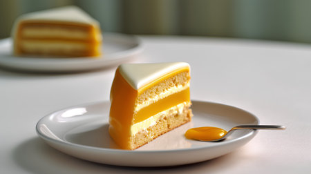 Closeup of a piece of orange cake on a white plate.の素材