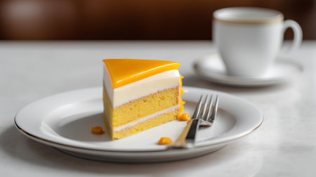 Piece of yellow cake on a plate with a cup of coffeeの素材