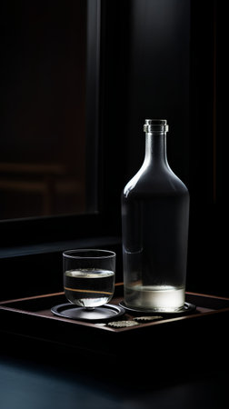 Glass of whiskey and a bottle on a tray on a dark backgroundの素材