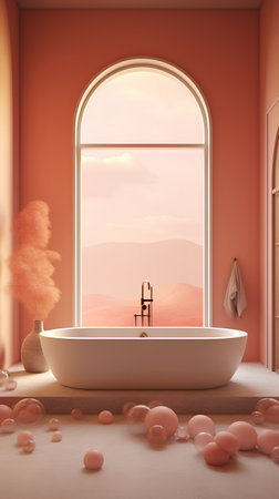 Interior of modern bathroom with orange walls, concrete floor, comfortable bathtub standing near big window and decorated with pink flowers. 3d renderingの素材