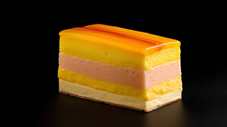 Piece of orange and yellow mousse cake isolated on black backgroundの素材
