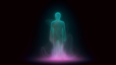 Neon glowing human body on dark background. 3D rendering.の素材