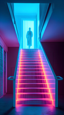 3d rendering of a man standing in a dark corridor with neon lightsの素材