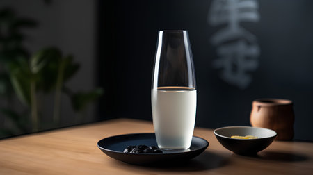 Milk in a glass on a wooden table in the kitchen.の素材