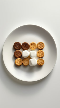 Round cookies with marshmallows in a plate on a white backgroundの素材