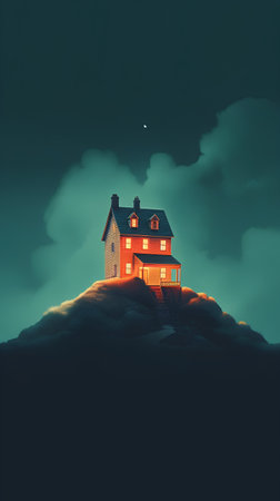 House on the hill in the night. 3d render illustration.の素材