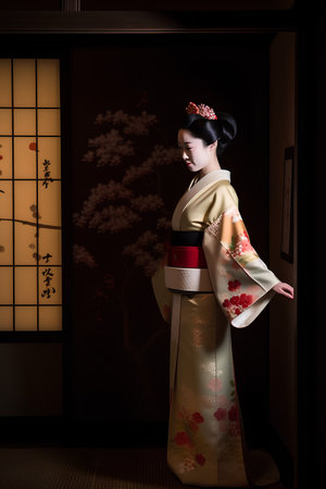 Japanese geisha in kimono on a background of the wallの素材