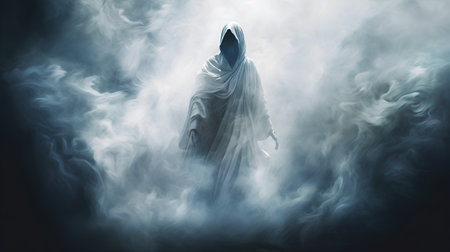 Mysterious ghost in the smoke. Halloween concept. 3D Renderingの素材