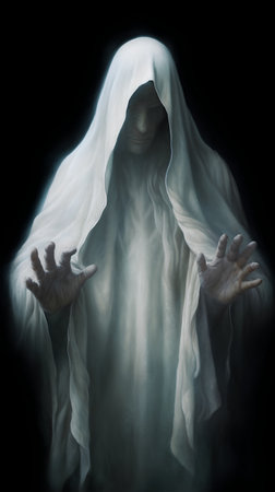 Halloween theme: scary ghost in a white cloak on a black backgroundの素材
