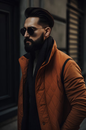 Handsome young man in orange jacket and sunglasses is posing in the city.の素材