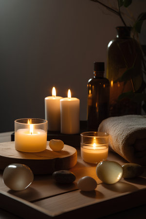 Spa still life with candles, stones and towels on wooden backgroundの素材