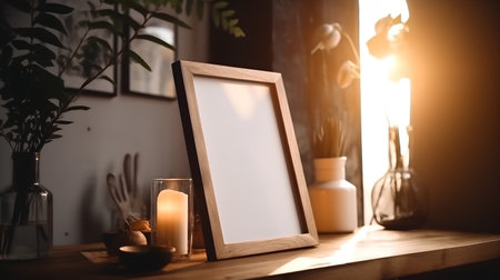 Blank picture frame on the table in the room with candlelightの素材