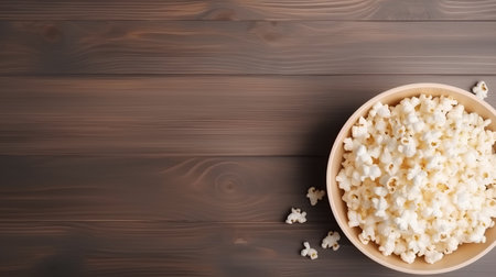 Popcorn in bowl on wooden background. Top view with copy spaceの素材