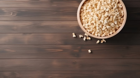 Popcorn in bowl on wooden background. Top view with copy spaceの素材