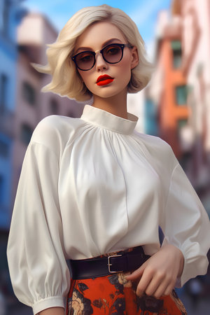 Fashion shot of a beautiful blonde woman in sunglasses and a white blouse. Beauty, fashion.の素材