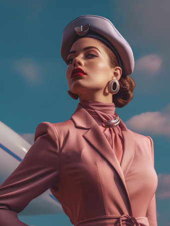 Portrait of a beautiful young woman in a beige coat and beret on the background of the sky.の素材