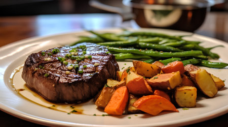 Beef steak with potatoes and green beans on a white plate.の素材