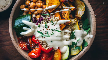 Healthy vegetarian salad with quinoa, chickpea, tomatoes, cucumbers and onions. Healthy food conceptの素材