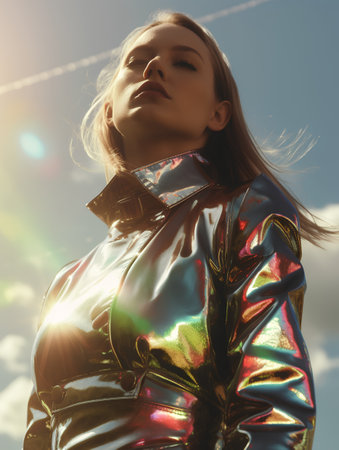 Fashionable young woman in a shiny jacket on the background of the sky.の素材