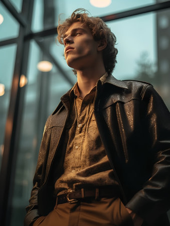 Handsome young man in a leather jacket sitting on the windowsillの素材