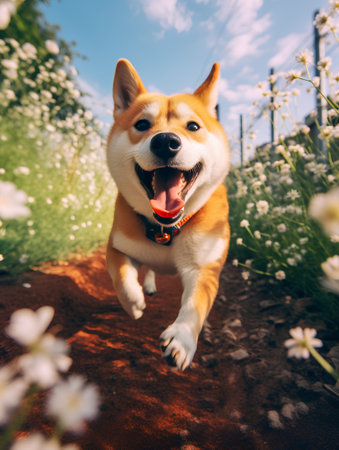 Shiba Inu dog running in the field of daisiesの素材