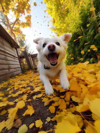 White chihuahua dog running in autumn park with yellow leavesの素材