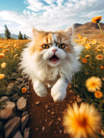 Persian cat running in the field of blooming yellow flowers.の素材