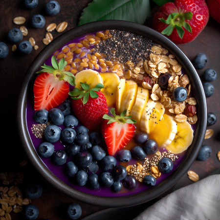 Healthy breakfast bowl with oatmeal, chia seeds, banana, strawberry, blueberry and granola on dark rustic background.の素材