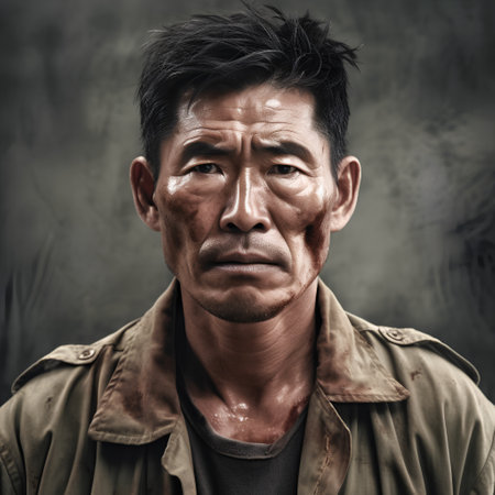 Portrait of asian man with dirty face and dirty face in military uniformの素材