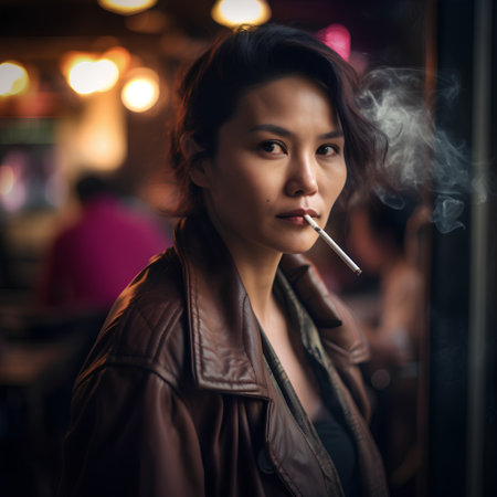 Portrait of a beautiful young asian woman smoking cigarette in a pubの素材
