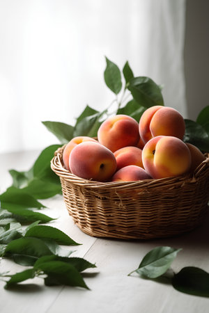 Ripe peaches in a wicker basket on a white wooden tableの素材