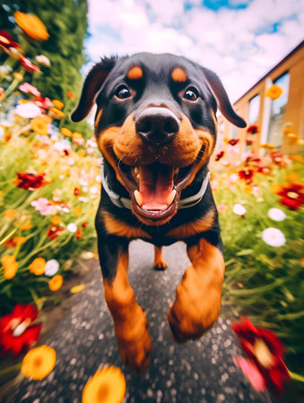 Rottweiler dog running in the meadow with flowers.の素材