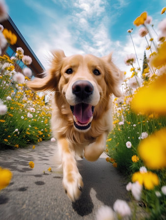 Golden Retriever running in the field of yellow flowers and blue skyの素材