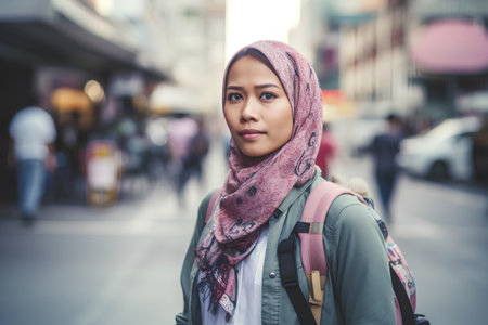 Portrait of a beautiful asian muslim woman wearing hijab walking in the cityの素材