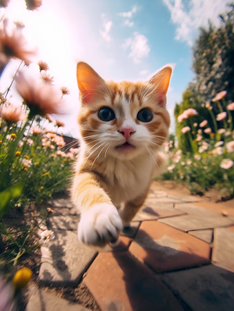 Cute red kitten with blue eyes walks in the summer garden.の素材