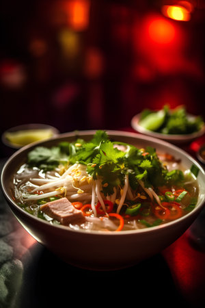 Vietnamese soup pho with pork and vegetables on dark backgroundの素材