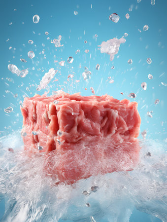 Fresh raw meat with splashes of water on blue background. 3d renderingの素材