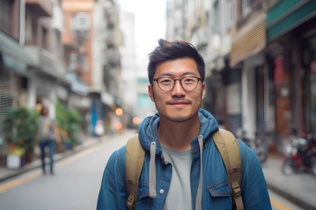 Portrait of young Asian man with backpack walking in the city.の素材