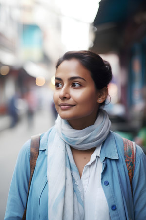 Portrait of a beautiful young woman in a city street wearing a scarfの素材