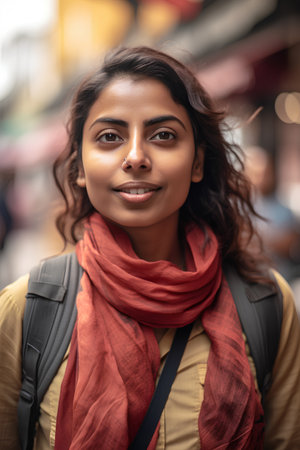 Portrait of beautiful young woman with red scarf in the city.の素材