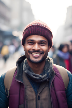 Portrait of a handsome young Indian man with hat and scarf in the cityの素材