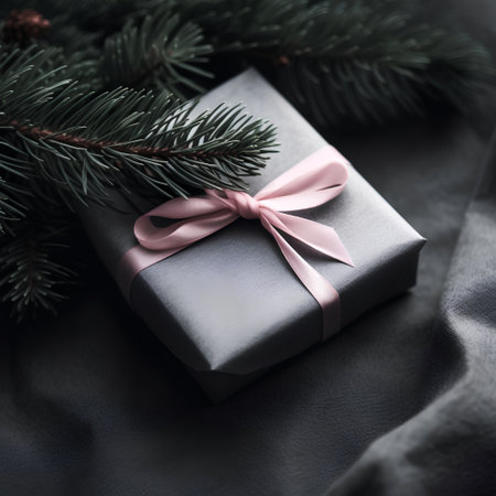 Gift box wrapped in gray paper with pink ribbon and fir tree branch on black fabric backgroundの素材