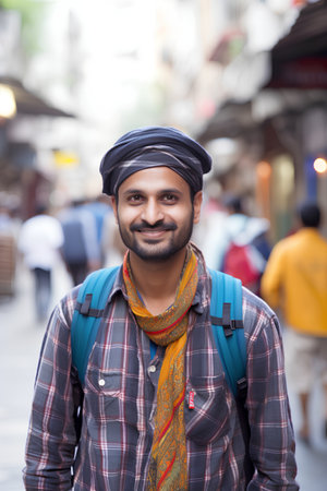 Handsome Indian man walking in the street of Bangkok, Thailandの素材