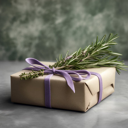 Gift wrapped in kraft paper with rosemary twig on grey backgroundの素材