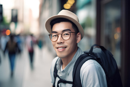Portrait of a handsome young asian man wearing hat and glasses walking in the cityの素材